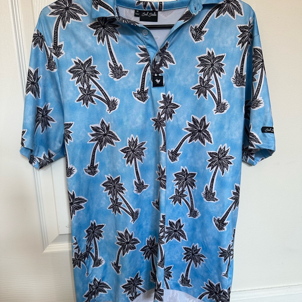 Bad Birdie Blue and Black Palm Print Men's Polo